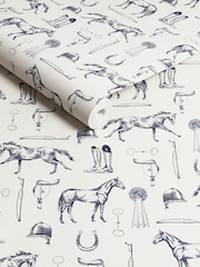 Joules Cream/Blue Sketched Equestrian Print 10M Wallpaper - Image 3 of 4