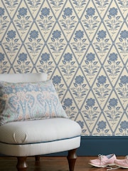 Joules Cream/Blue Juliette Floral Print 10M Wallpaper - Image 1 of 4