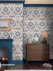 Joules CreamBlueGold Animal Damask Print 10M Wallpaper - Image 1 of 4