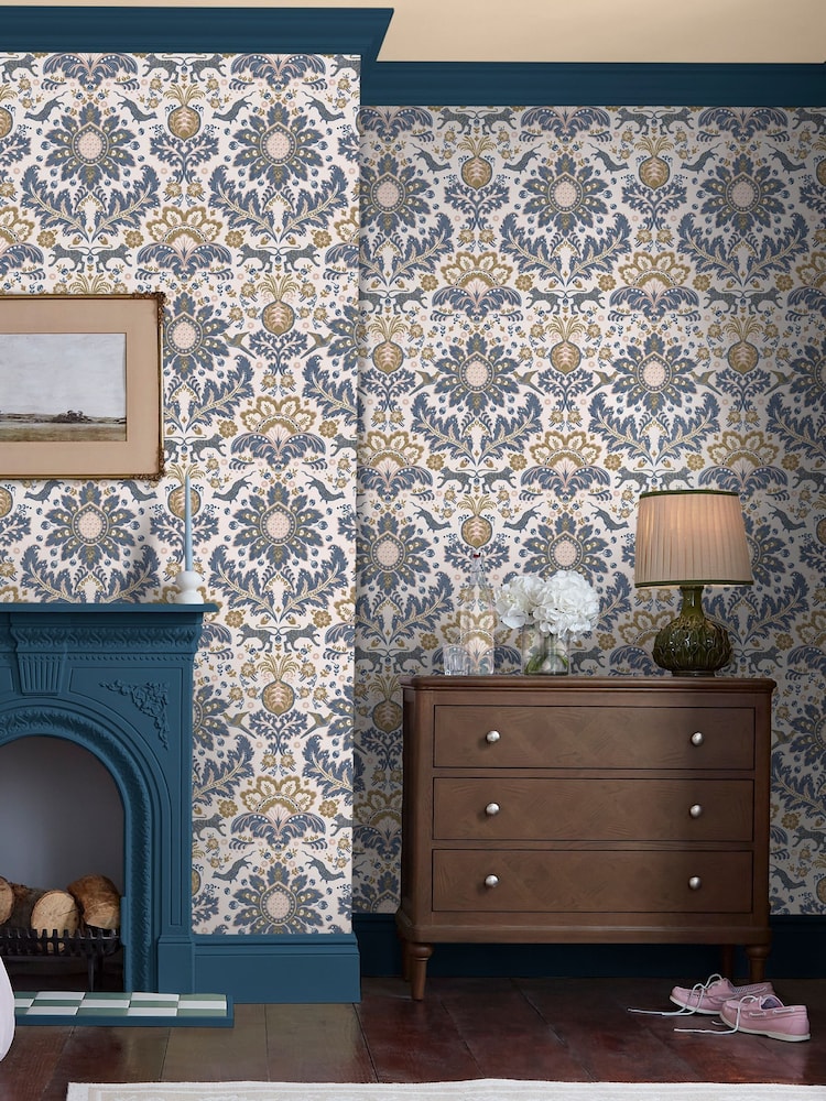 Joules CreamBlueGold Animal Damask Print 10M Wallpaper - Image 1 of 4
