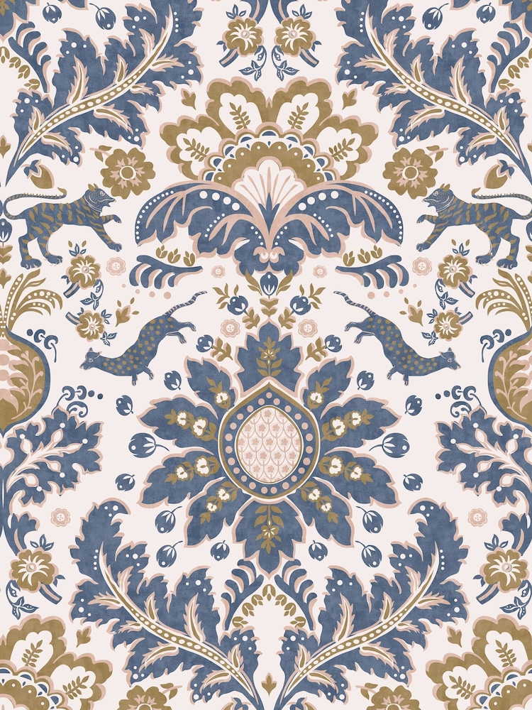 Joules CreamBlueGold Animal Damask Print 10M Wallpaper - Image 2 of 4