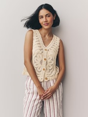 Cream Ecru 100% Cotton Floral Crochet Button Up Waistcoat - Image 1 of 6