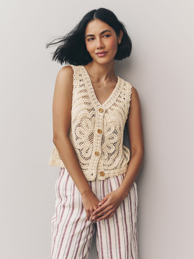Cream Ecru 100% Cotton Floral Crochet Button Up Waistcoat - Image 1 of 6