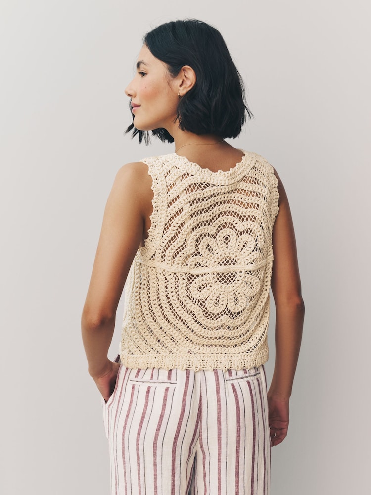 Cream Ecru 100% Cotton Floral Crochet Button Up Waistcoat - Image 2 of 6