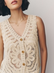 Cream Ecru 100% Cotton Floral Crochet Button Up Waistcoat - Image 3 of 6