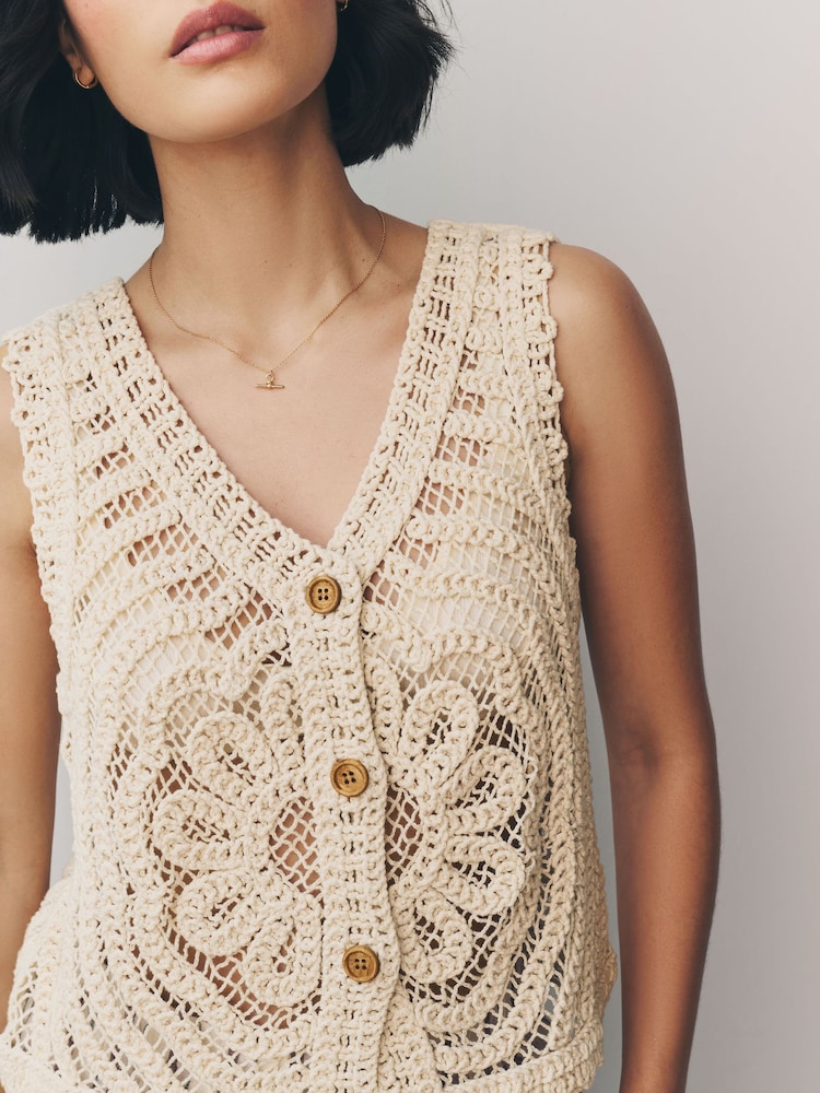 Cream Ecru 100% Cotton Floral Crochet Button Up Waistcoat - Image 3 of 6