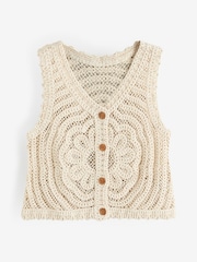 Cream Ecru 100% Cotton Floral Crochet Button Up Waistcoat - Image 4 of 6