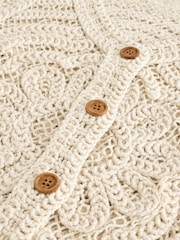 Cream Ecru 100% Cotton Floral Crochet Button Up Waistcoat - Image 5 of 6