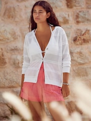 White Lightweight Mesh Stitch Hooded Cardigan - Image 1 of 8