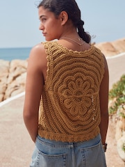 Yellow Ochre 100% Cotton Floral Crochet Button Up Waistcoat - Image 2 of 7