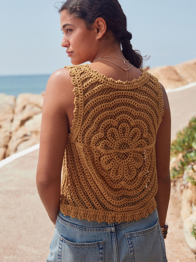 Yellow Ochre 100% Cotton Floral Crochet Button Up Waistcoat - Image 2 of 7
