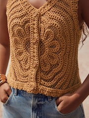 Yellow Ochre 100% Cotton Floral Crochet Button Up Waistcoat - Image 4 of 7