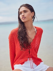 Red Orange Lace Knit Tie Front Cardigan with Linen - Image 1 of 7