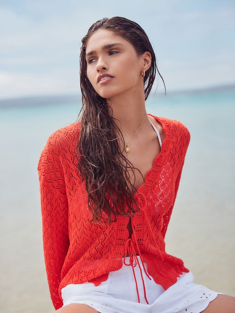 Red Orange Lace Knit Tie Front Cardigan with Linen - Image 1 of 7