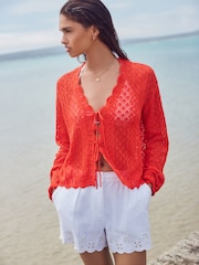 Red Orange Lace Knit Tie Front Cardigan with Linen - Image 2 of 7