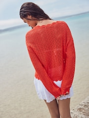 Red Orange Lace Knit Tie Front Cardigan with Linen - Image 3 of 7