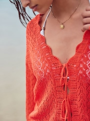 Red Orange Lace Knit Tie Front Cardigan with Linen - Image 4 of 7