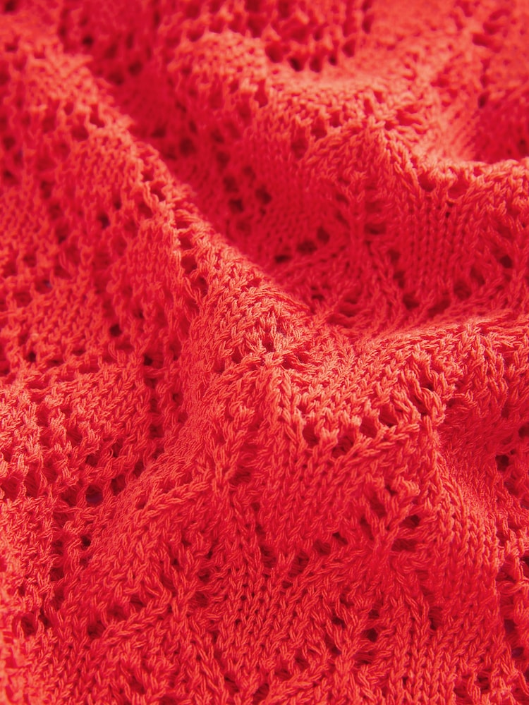 Red Orange Lace Knit Tie Front Cardigan with Linen - Image 6 of 7