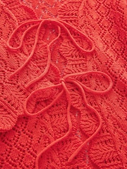 Red Orange Lace Knit Tie Front Cardigan with Linen - Image 7 of 7