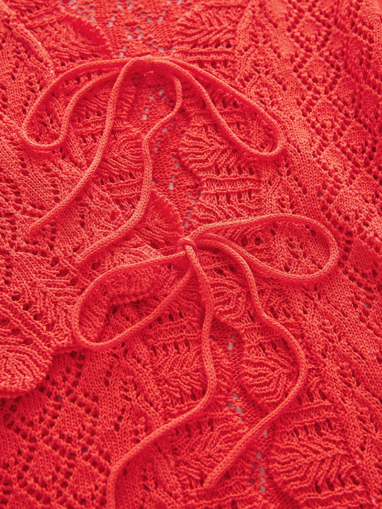 Red Orange Lace Knit Tie Front Cardigan with Linen - Image 7 of 7