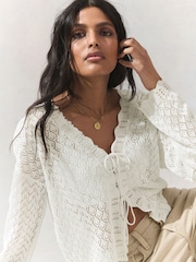 White Ecru Lace Knit Tie Front Cardigan with Linen - Image 1 of 8