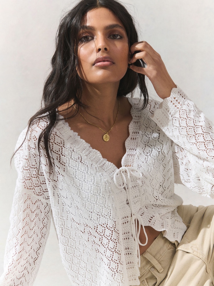 White Ecru Lace Knit Tie Front Cardigan with Linen - Image 1 of 8