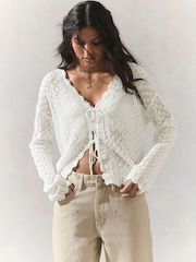 White Ecru Lace Knit Tie Front Cardigan with Linen - Image 2 of 8