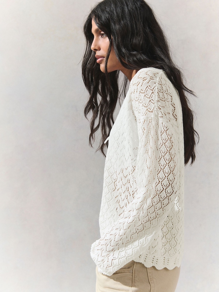 White Ecru Lace Knit Tie Front Cardigan with Linen - Image 3 of 8