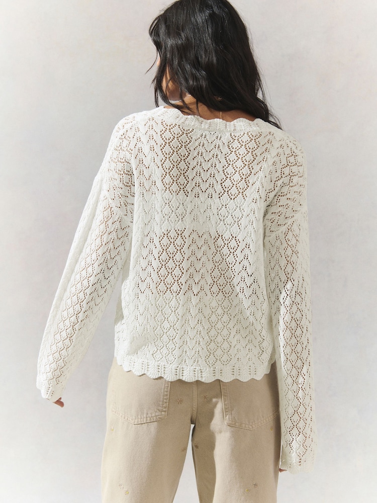 White Ecru Lace Knit Tie Front Cardigan with Linen - Image 4 of 8