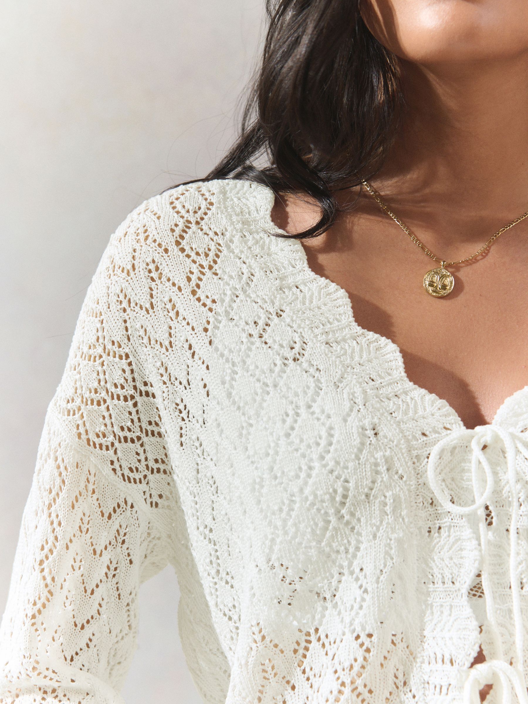 Buy White Ecru Lace Knit Tie Front Cardigan with Linen from Buy White Ecru Lace Knit Tie Front Cardigan with Linen from