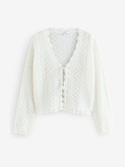 White Ecru Lace Knit Tie Front Cardigan with Linen - Image 6 of 8