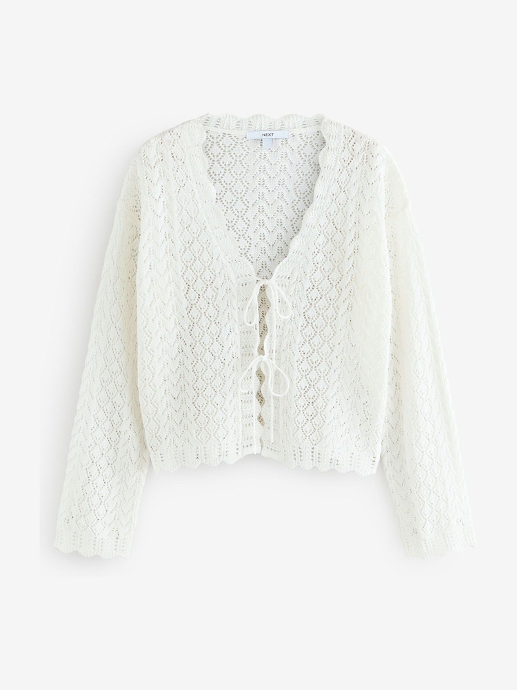 White Ecru Lace Knit Tie Front Cardigan with Linen - Image 6 of 8
