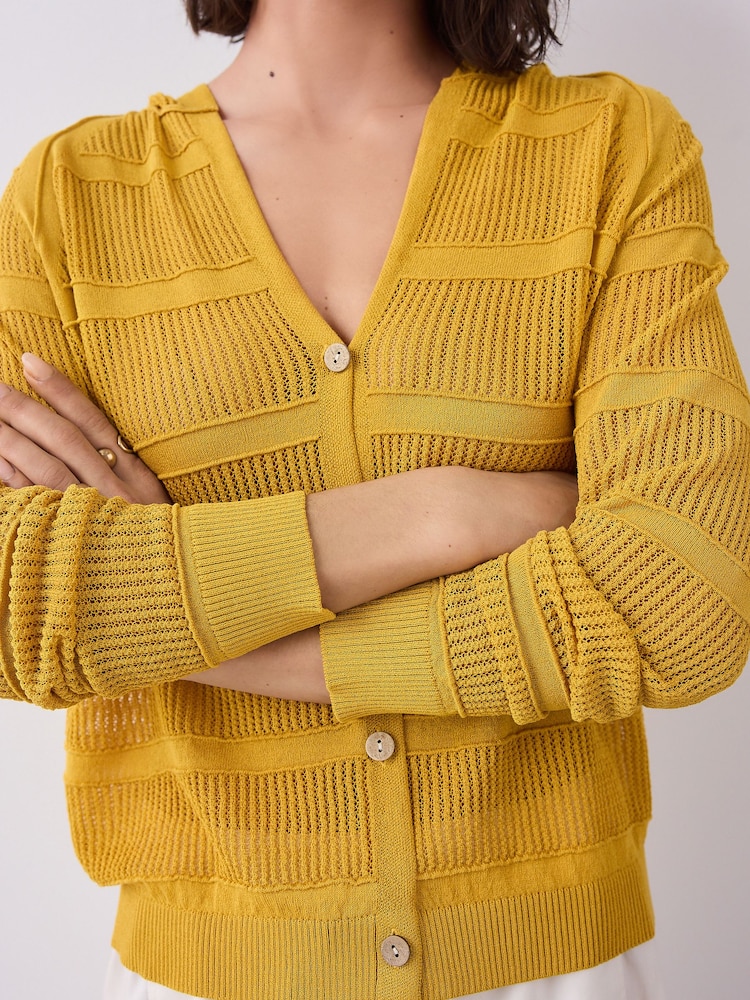 Yellow Ochre Lightweight Mesh Stitch Hooded Cardigan - Image 6 of 9