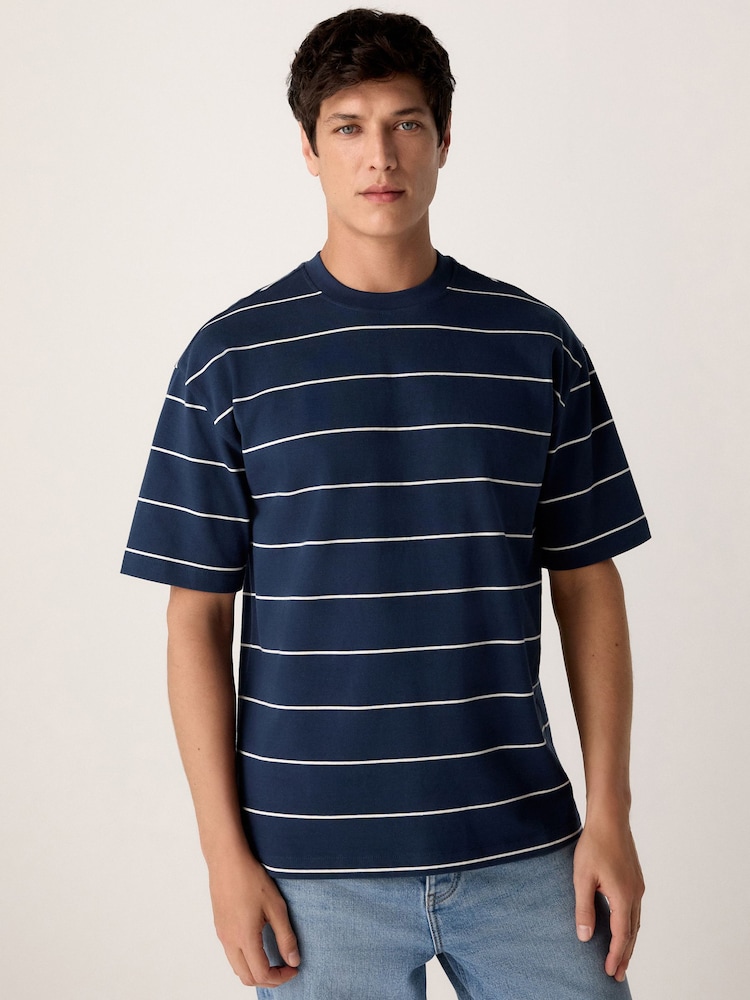 Marineblau - Relaxed Fit Stripe Heavyweight 100% Cotton T-Shirt - Bild 1 von 9