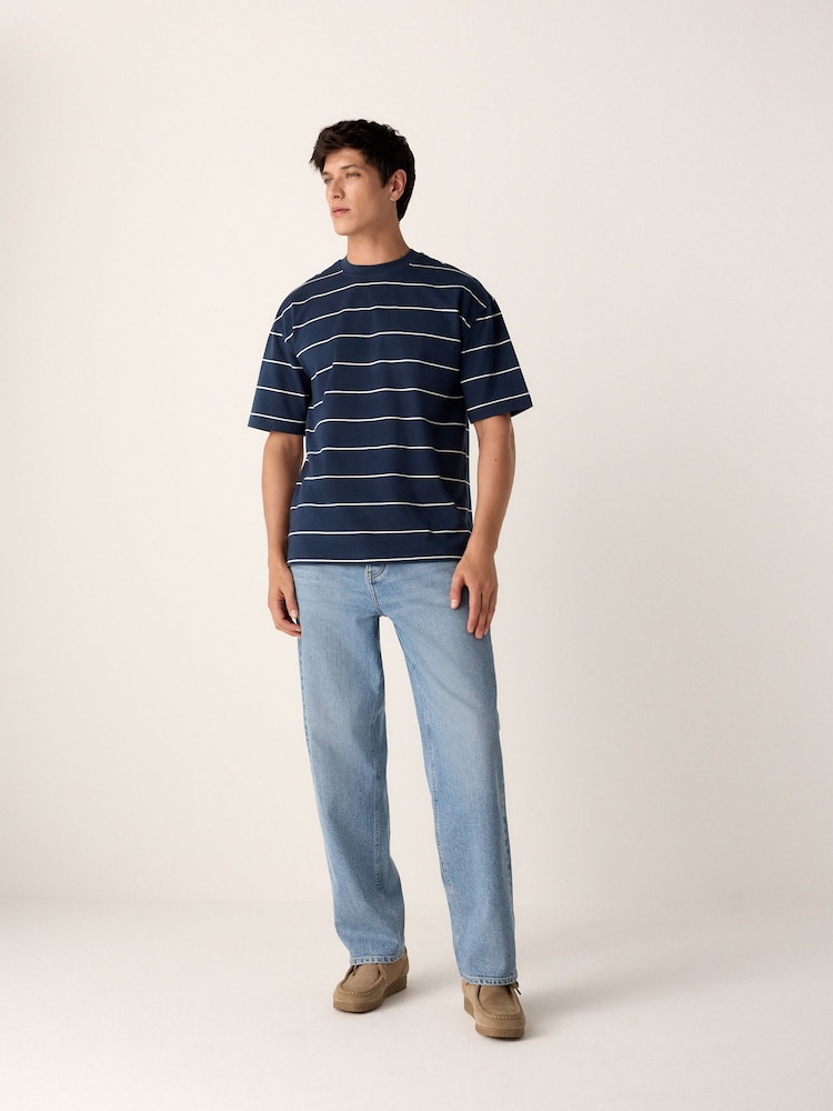 Marineblau - Relaxed Fit Stripe Heavyweight 100% Cotton T-Shirt - Bild 2 von 9