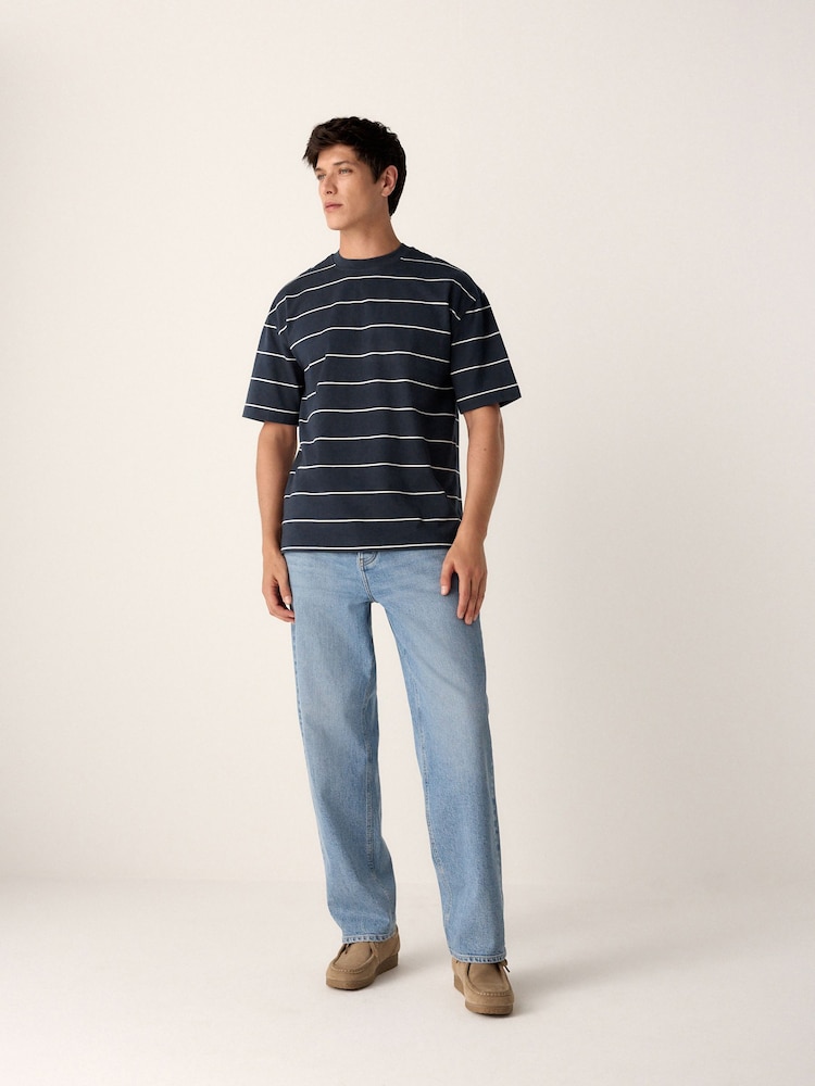 Navy Relaxed Fit Stripe Heavyweight 100% Cotton T-Shirt - Image 2 of 9 Navy Relaxed Fit Stripe Heavyweight 100% Cotton T-Shirt - Image 2 of 9