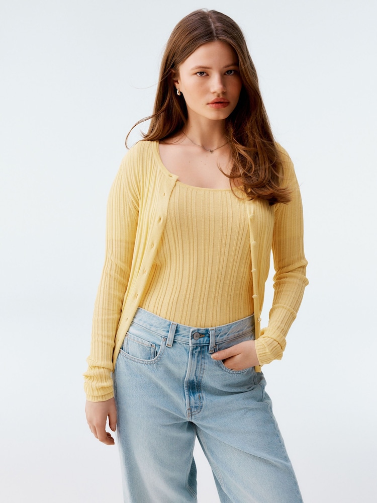 Yellow Fine Knit Ribbed Button Up Co-Ord Cardigan - Image 2 of 9