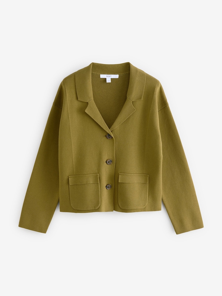 Green Olive 100% Cotton Smart Knitted Blazer - Image 5 of 7
