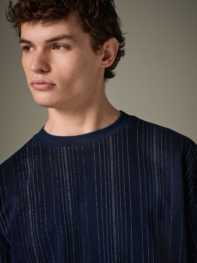 Indigo Blue Textured Vertical Stripe T-Shirt - Image 1 of 8