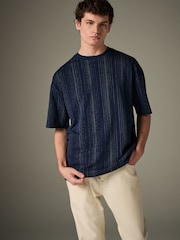 Indigo Blue Textured Vertical Stripe T-Shirt - Image 3 of 8