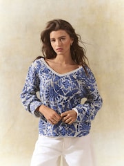 Blue 100% Cotton Relaxed Stitch Printed V-Neck Top - Image 1 of 8