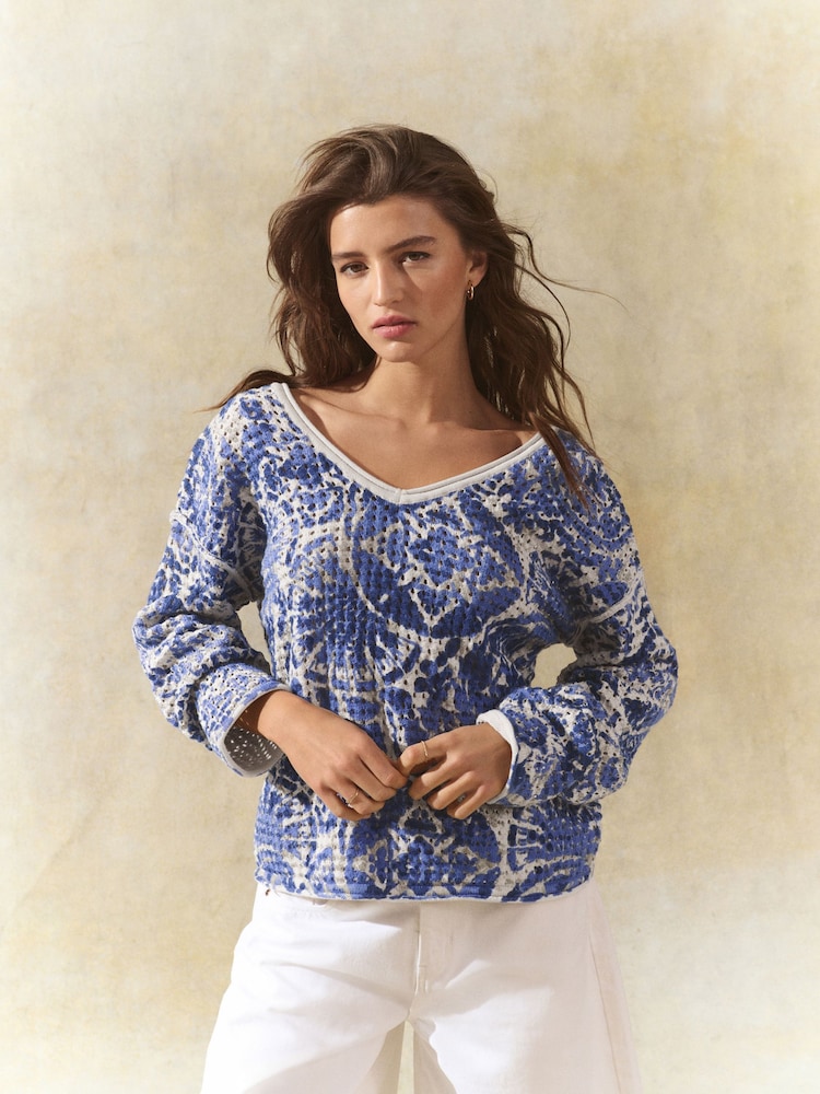 Blue 100% Cotton Relaxed Stitch Printed V-Neck Top - Image 1 of 8