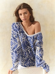 Blue 100% Cotton Relaxed Stitch Printed V-Neck Top - Image 2 of 8
