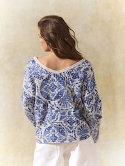 Blue 100% Cotton Relaxed Stitch Printed V-Neck Top - Image 4 of 8