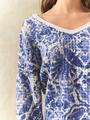 Blue 100% Cotton Relaxed Stitch Printed V-Neck Top - Image 5 of 8