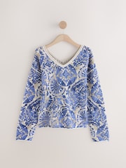 Blue 100% Cotton Relaxed Stitch Printed V-Neck Top - Image 6 of 8