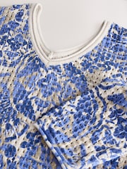 Blue 100% Cotton Relaxed Stitch Printed V-Neck Top - Image 8 of 8