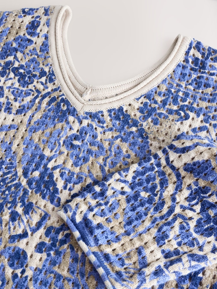 Blue 100% Cotton Relaxed Stitch Printed V-Neck Top - Image 8 of 8