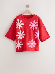 Pink Floral Graphic Print Pattern Knitted Half Sleeve Top - Image 1 of 3
