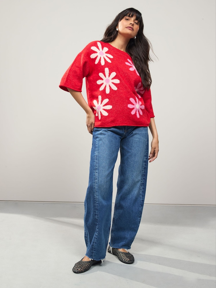 Pink Floral Graphic Print Pattern Knitted Half Sleeve Top - Image 2 of 7 Pink Floral Graphic Print Pattern Knitted Half Sleeve Top - Image 2 of 7